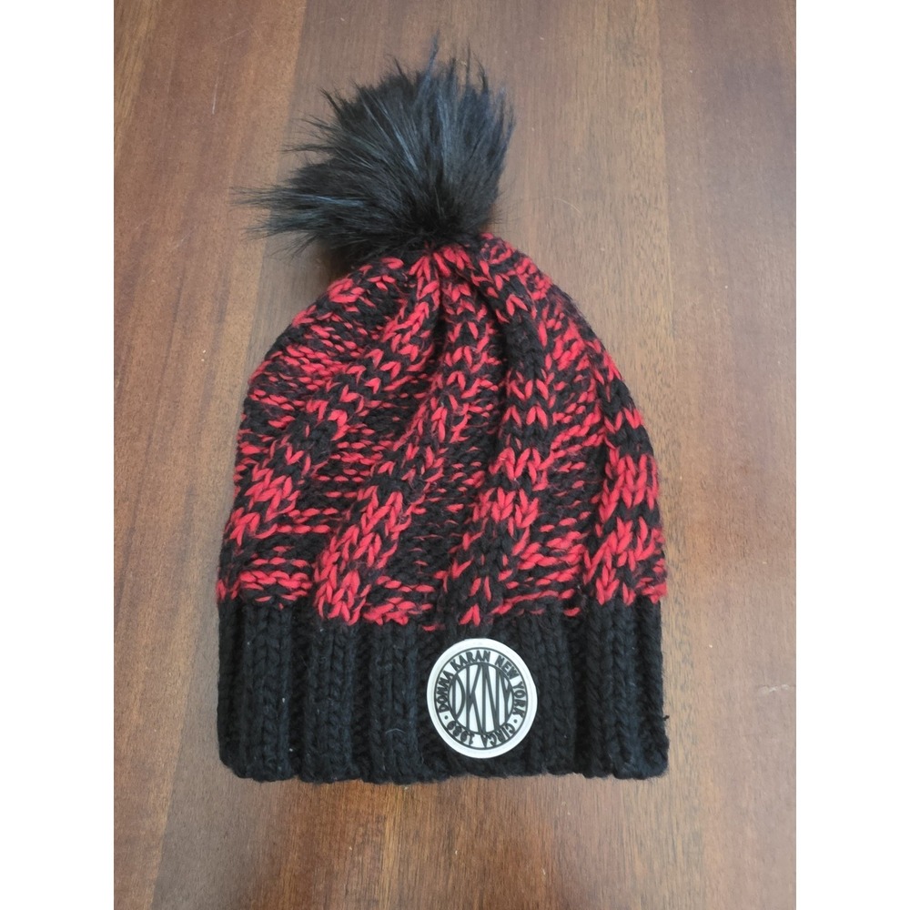 DKNY Beanie One Size Black Red Women Knit Hat Cap Skull Warm Winter
